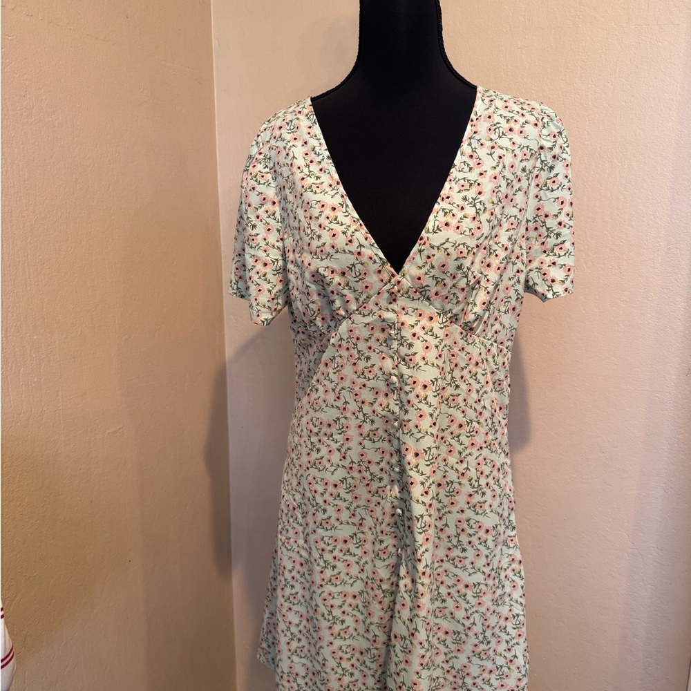 Boho Beachy Cotton On Mint Dress With Pink And Olive Flowers and Faux Button